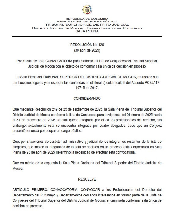 CONVOCATORIA CONJUECES TRIBUNAL SUPERIOR DEL DISTRITO JUDICIAL DE MOCOA