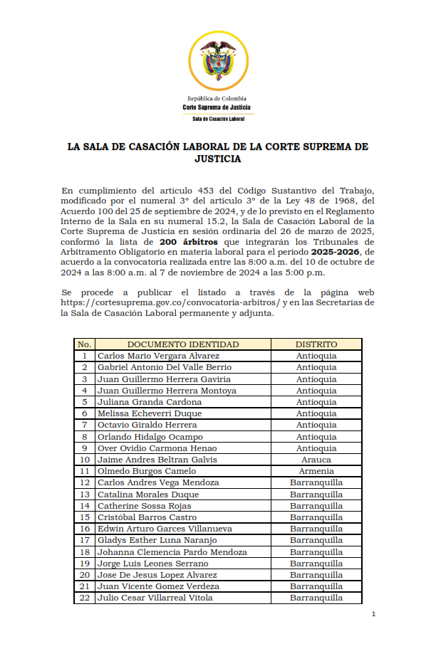 Lista de Arbitros Tribunales de Arbitramento período 2025-2026