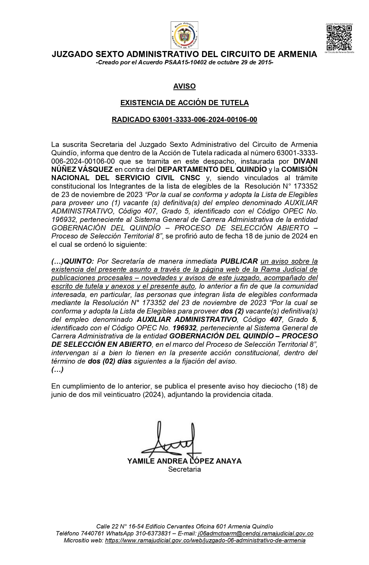 Aviso Notificación Tutela 63001-3333-006-2024-00106-00