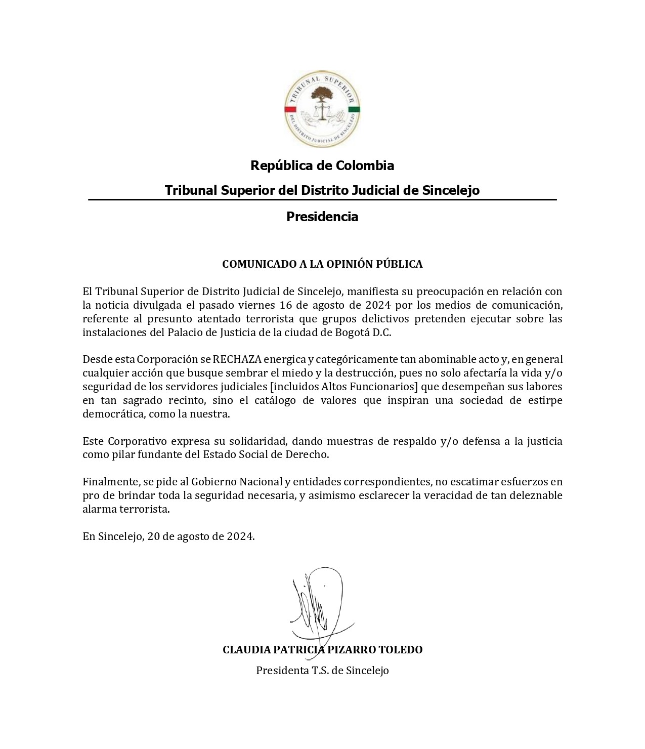 COMUNICADO A LA OPINIÓN PÚBLICA PLAN DE ATENTADO PALACIO JUSTICIA