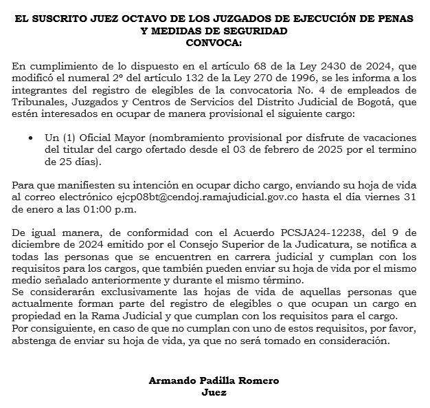 VACANTE POR VACACIONES OFICIAL MAYOR JDO 08 EPMS BTA