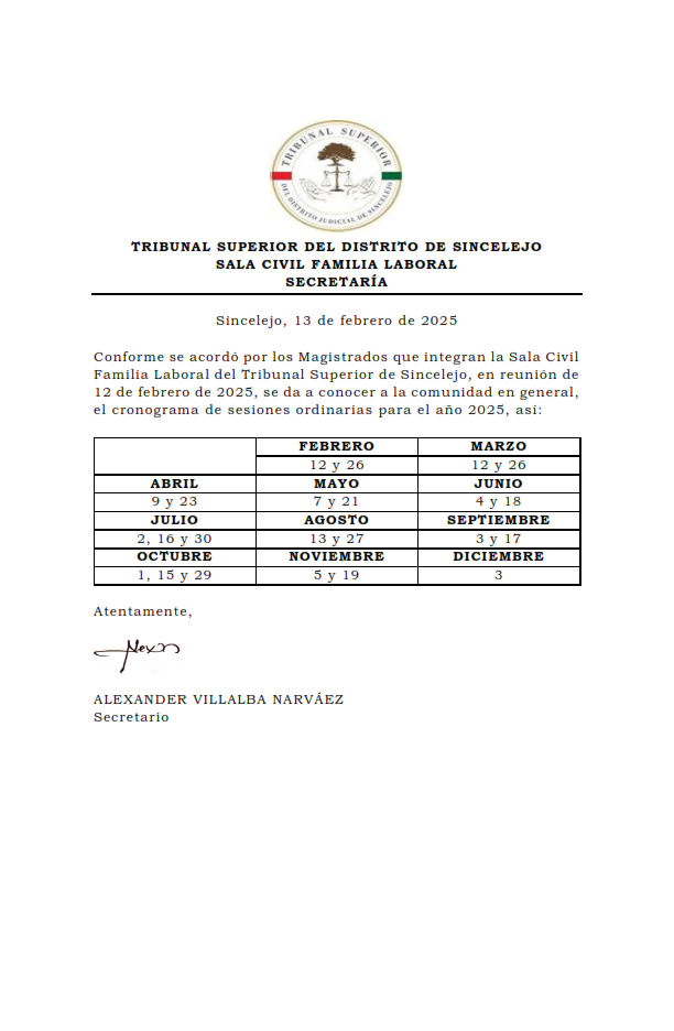 Cronograma de Sesiones Ordinarias Sala Civil Familia Laboral año 2025